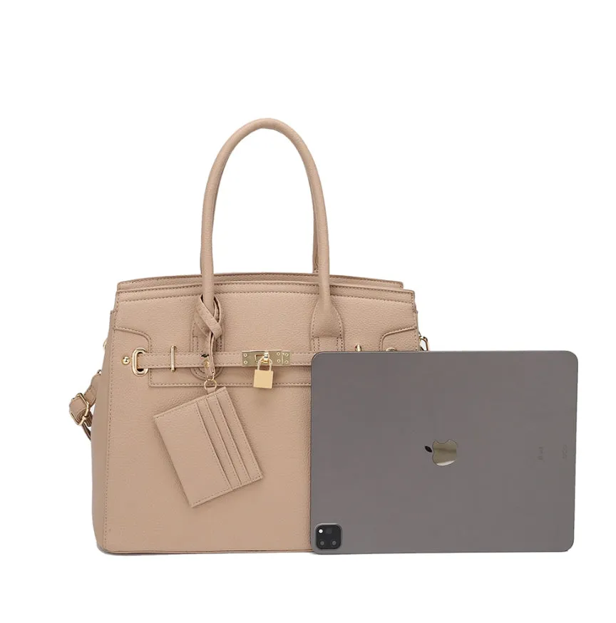 Decorated lock tote with crossbody bag - light brown
