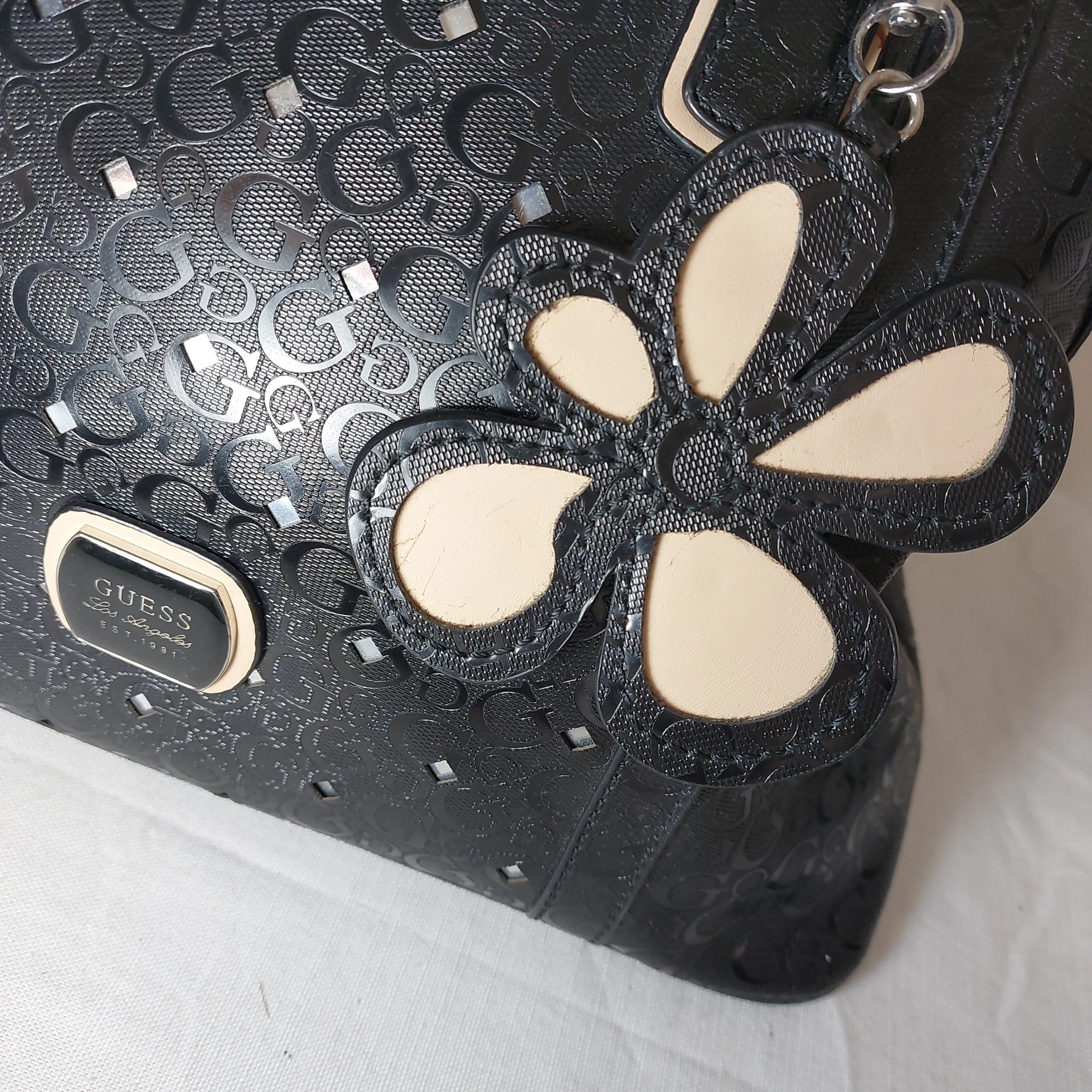 Guess Monogram Black Flower Embellishment Tote Bag | Pre Loved |