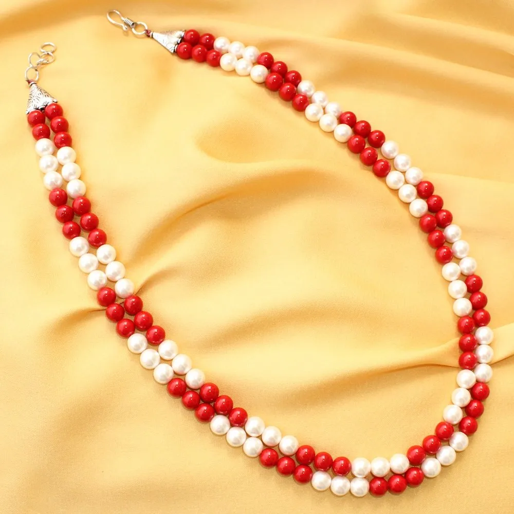 Imeora Metallic Red And White 8mm Double Line Shell Pearl Necklace